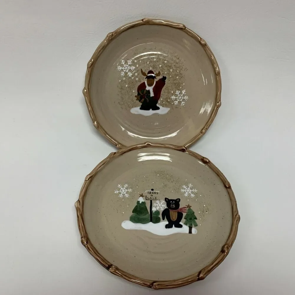 Make the Season Bright Salad Plates Christmas Holiday‎ Bear Moose Lot of 2